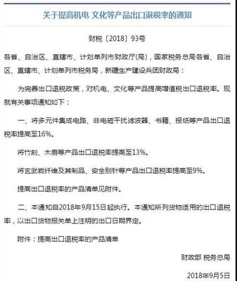 財(cái)政部上調(diào)機(jī)電、文化產(chǎn)品出口退稅率，助力外貿(mào)企業(yè)降本增效